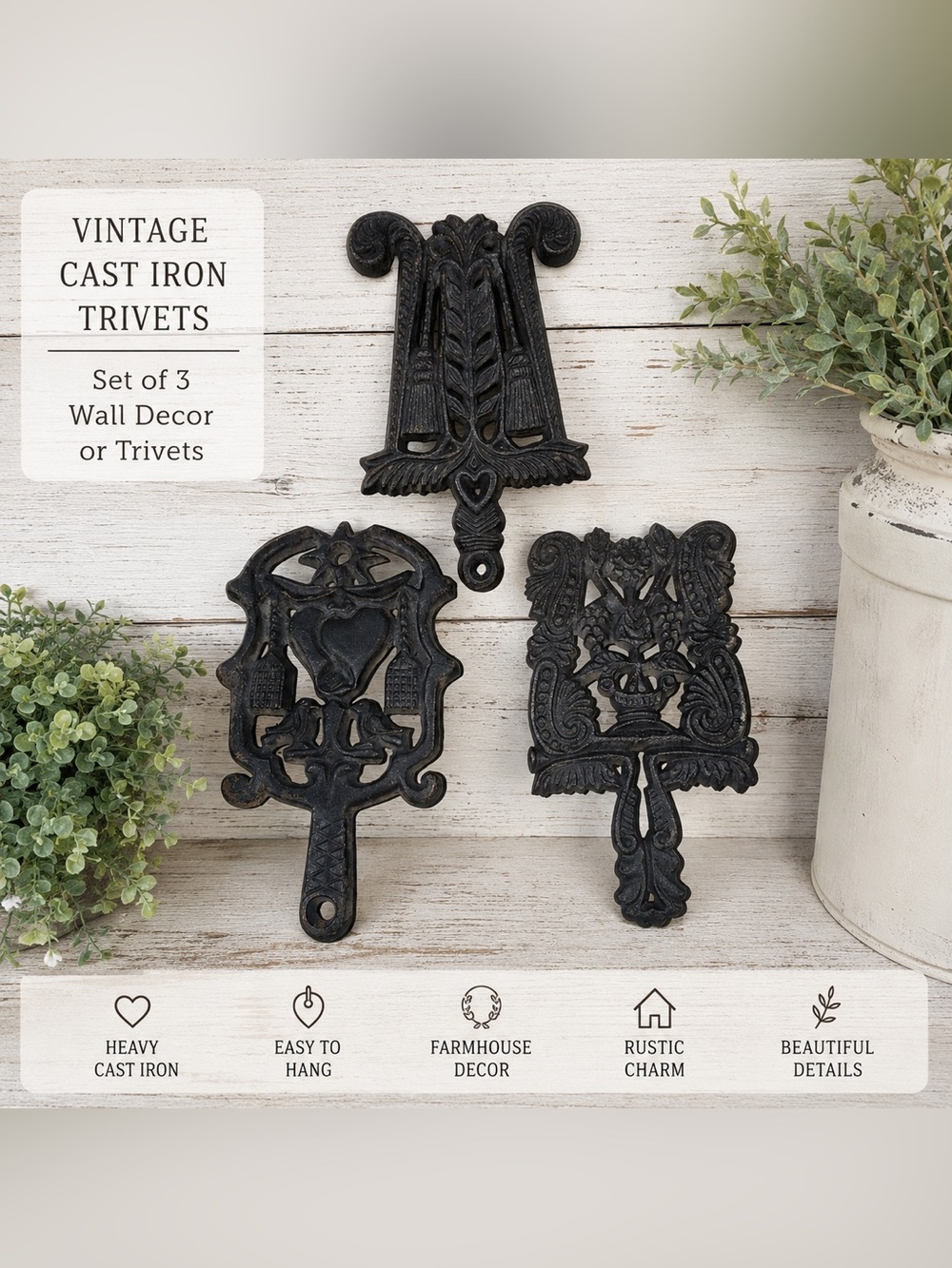 Vintage Cast Iron Trivets Wall Decor Set of 3 Rustic Farmhouse Heart Lyre